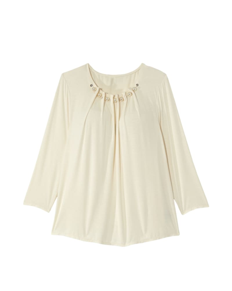 Front of plus size Molly 3/4 Sleeve Pearl Detail Knit Tee by East Adeline | Dia&Co | dia_product_style_image_id:148336